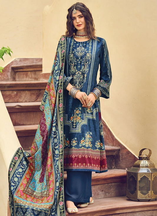 Salwar Suit Velvet Blue Digital Print Salwar Kameez