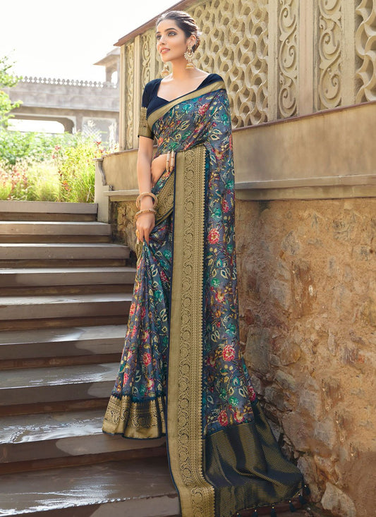 Contemporary Silk Viscose Blue Weaving Saree