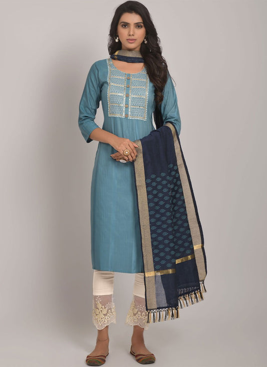 Designer Straight Salwar Suit Rayon Viscose Blue Embroidered Salwar Kameez