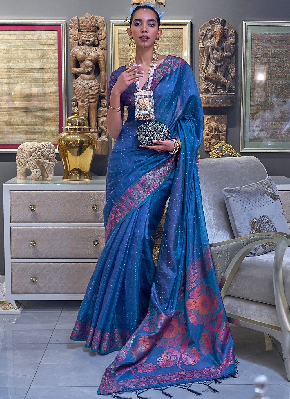 Classic Organza Blue Weaving Saree