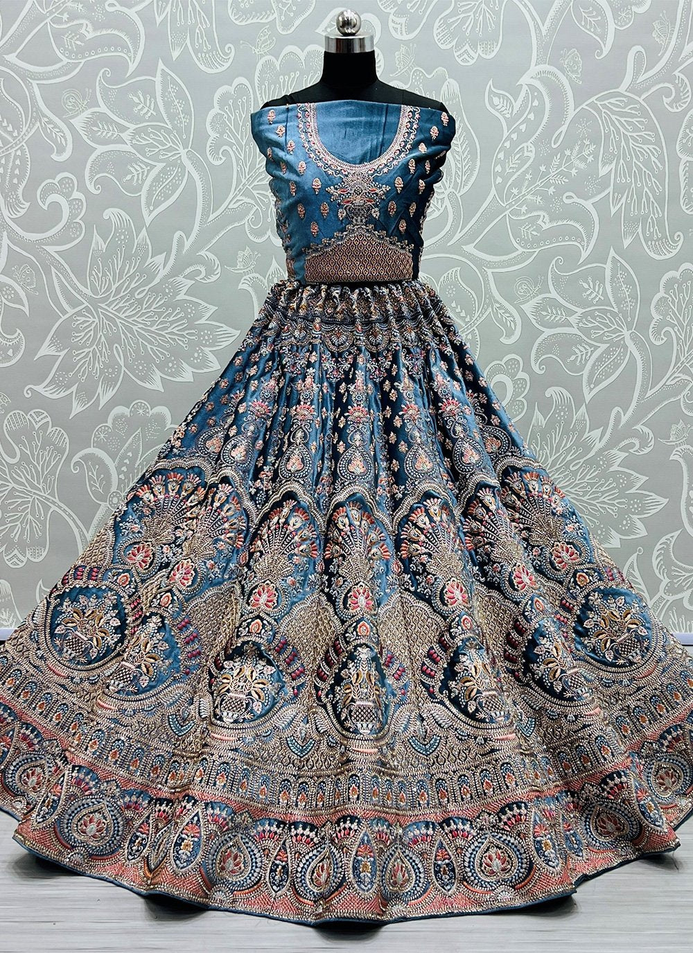 A Line Lehenga Velvet Blue Embroidered Lehenga Choli