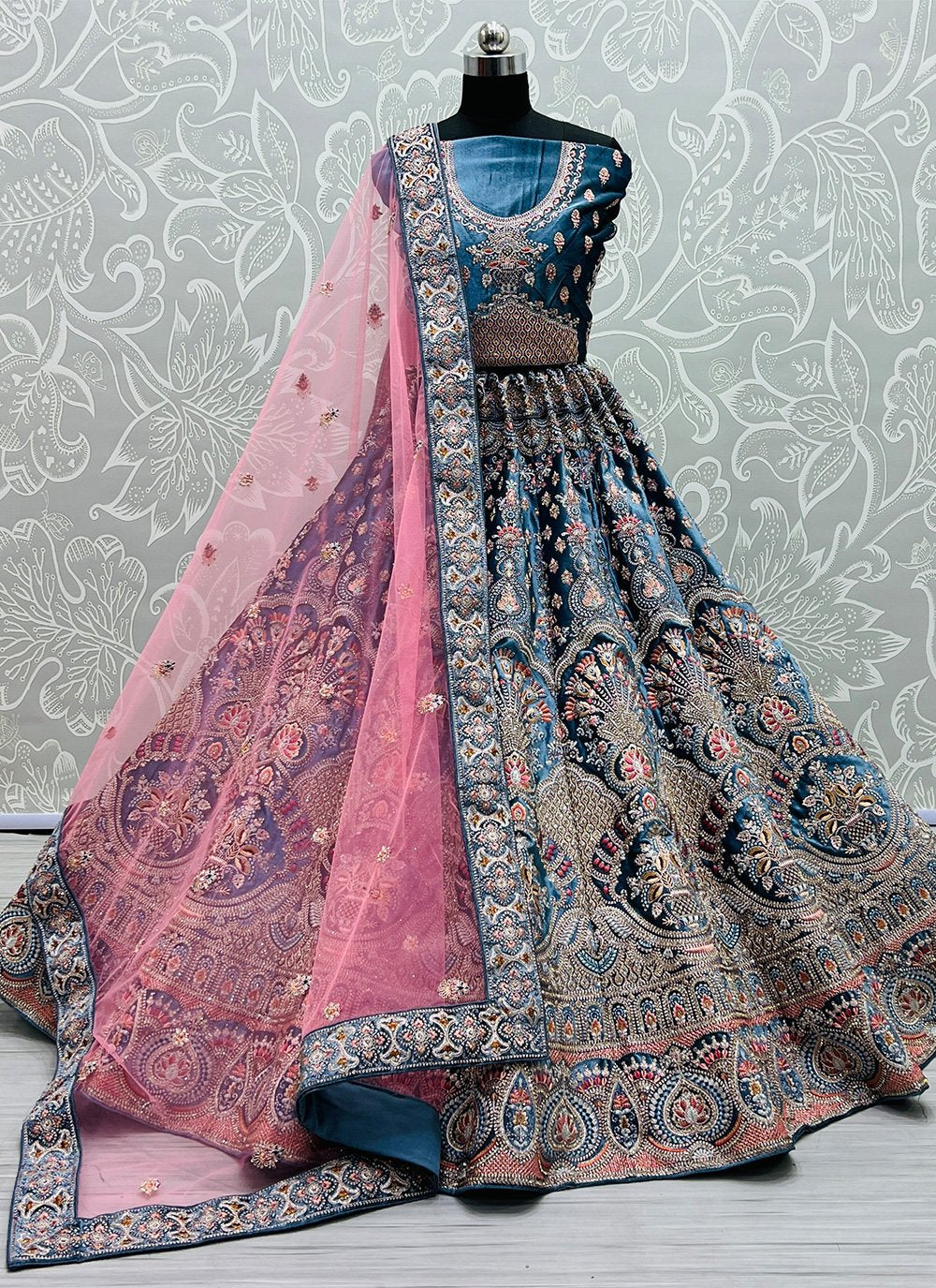 A Line Lehenga Velvet Blue Embroidered Lehenga Choli