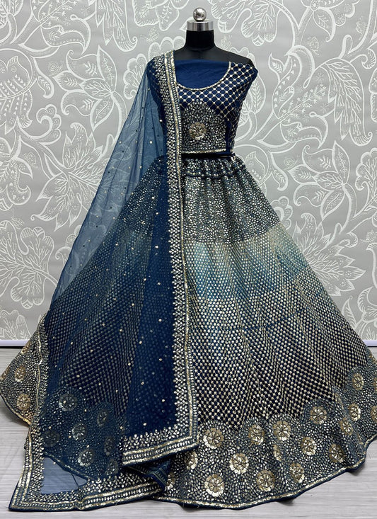 A Line Lehenga Net Blue Embroidered Lehenga Choli