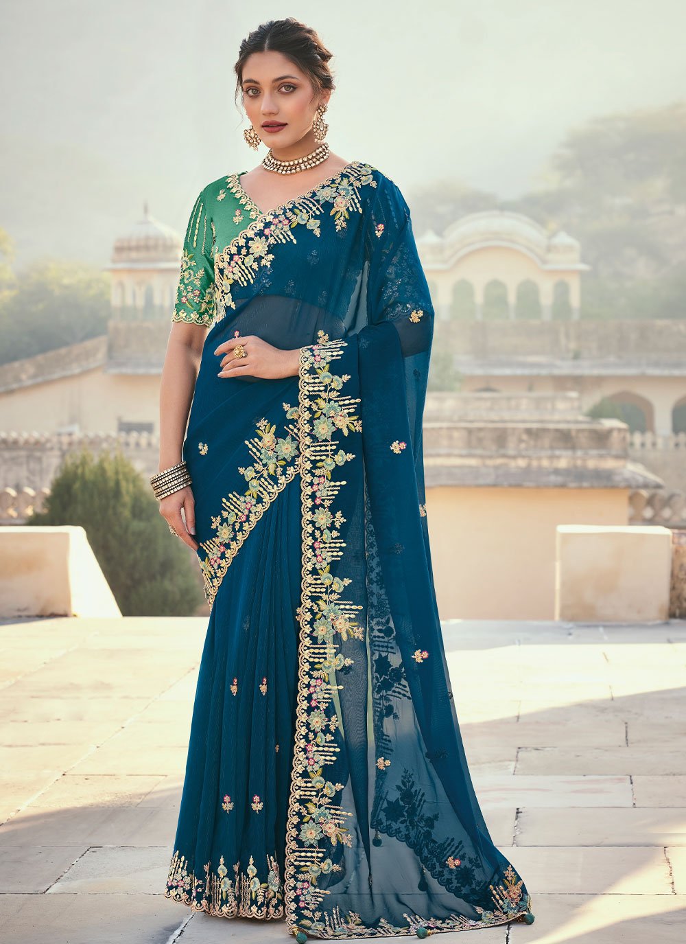 Traditional Saree Organza Tissue Blue Embroidered Saree