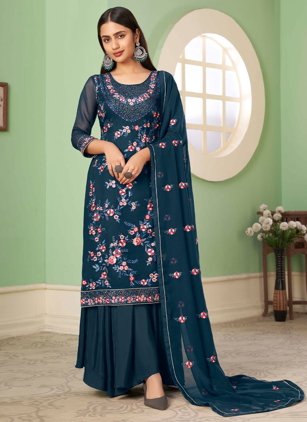 Palazzo Salwar Suit Georgette Blue Embroidered Salwar Kameez