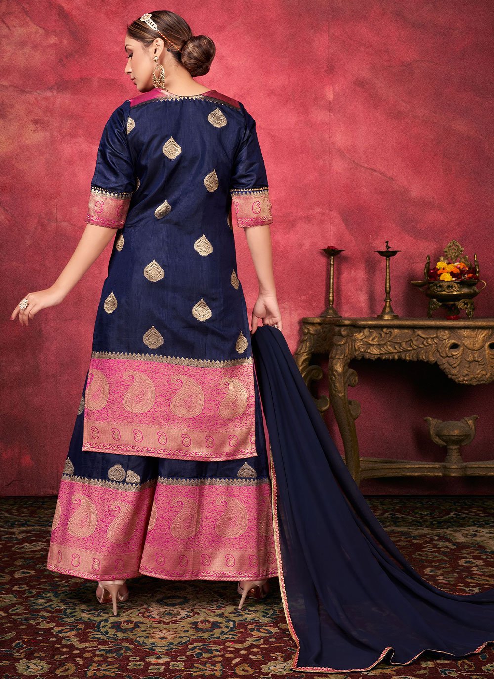 Palazzo Salwar Suit Art Silk Blue Woven Salwar Kameez