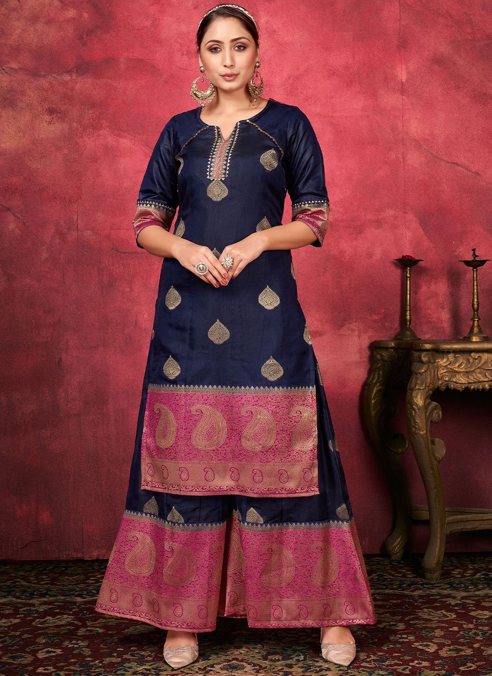 Palazzo Salwar Suit Art Silk Blue Woven Salwar Kameez