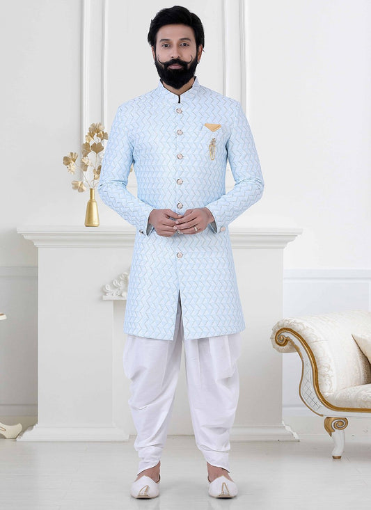Indo Western Jacquard Blue Woven Mens
