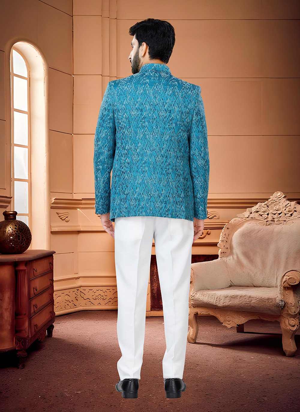 Jodhpuri Suit Jacquard Blue Woven Mens