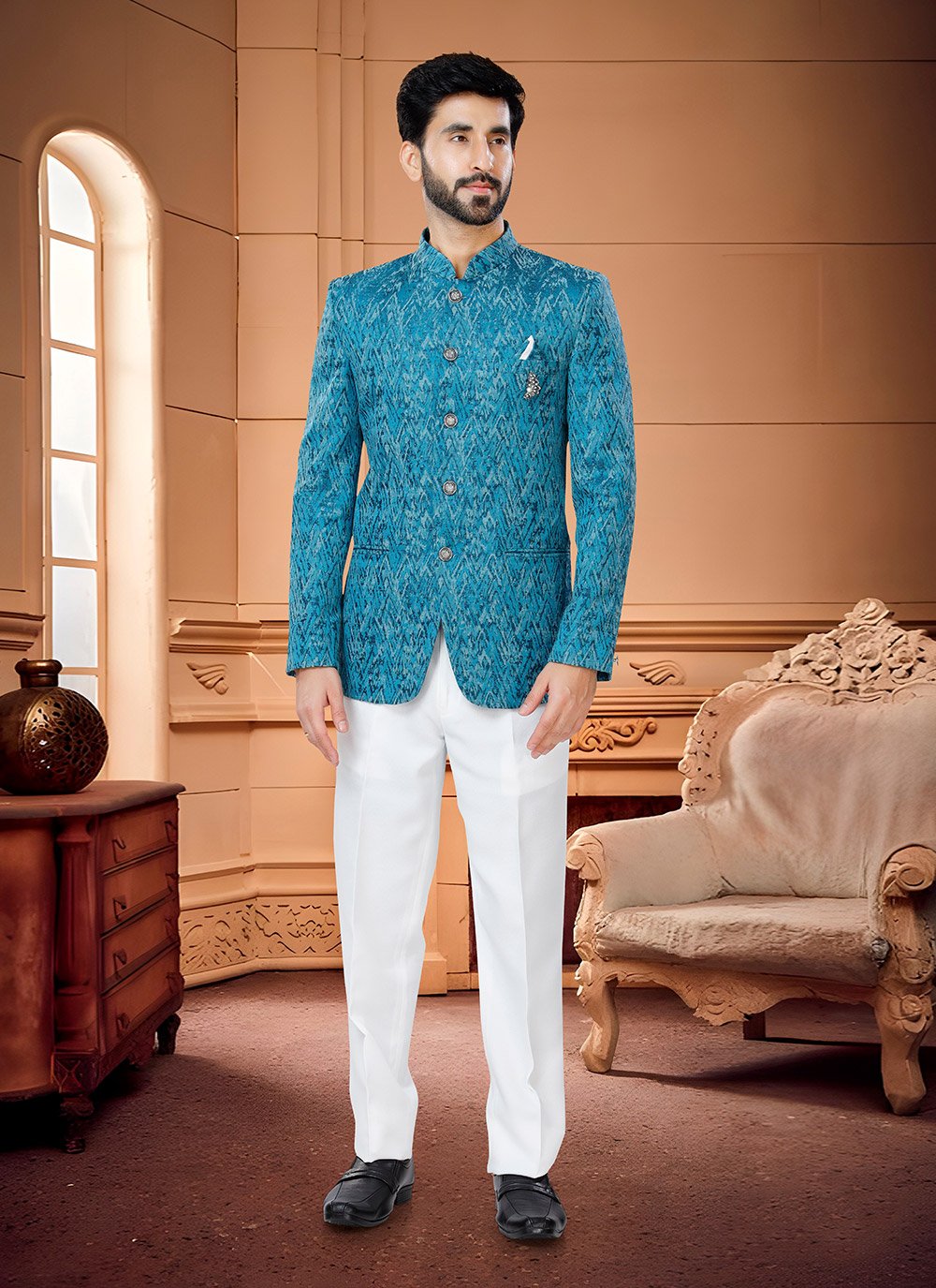 Jodhpuri Suit Jacquard Blue Woven Mens