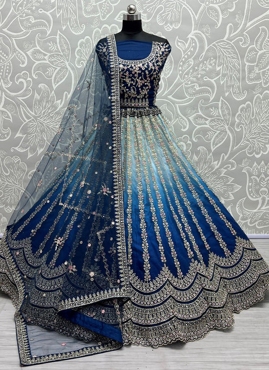 A Line Lehenga Silk Blue Embroidered Lehenga Choli
