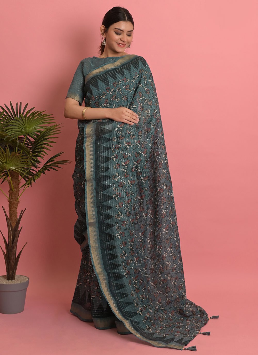 Classic Cotton Blue Embroidered Saree