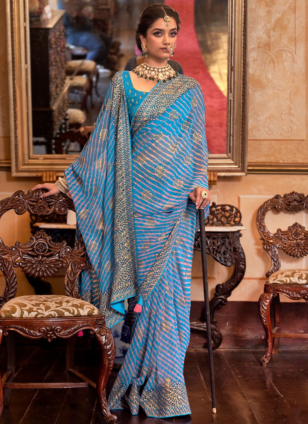 Classic Georgette Aqua Blue Patch Border Saree