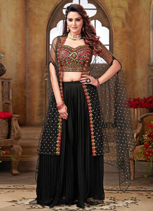 Jacket Style Suit Art Silk Net Black Embroidered Salwar Kameez