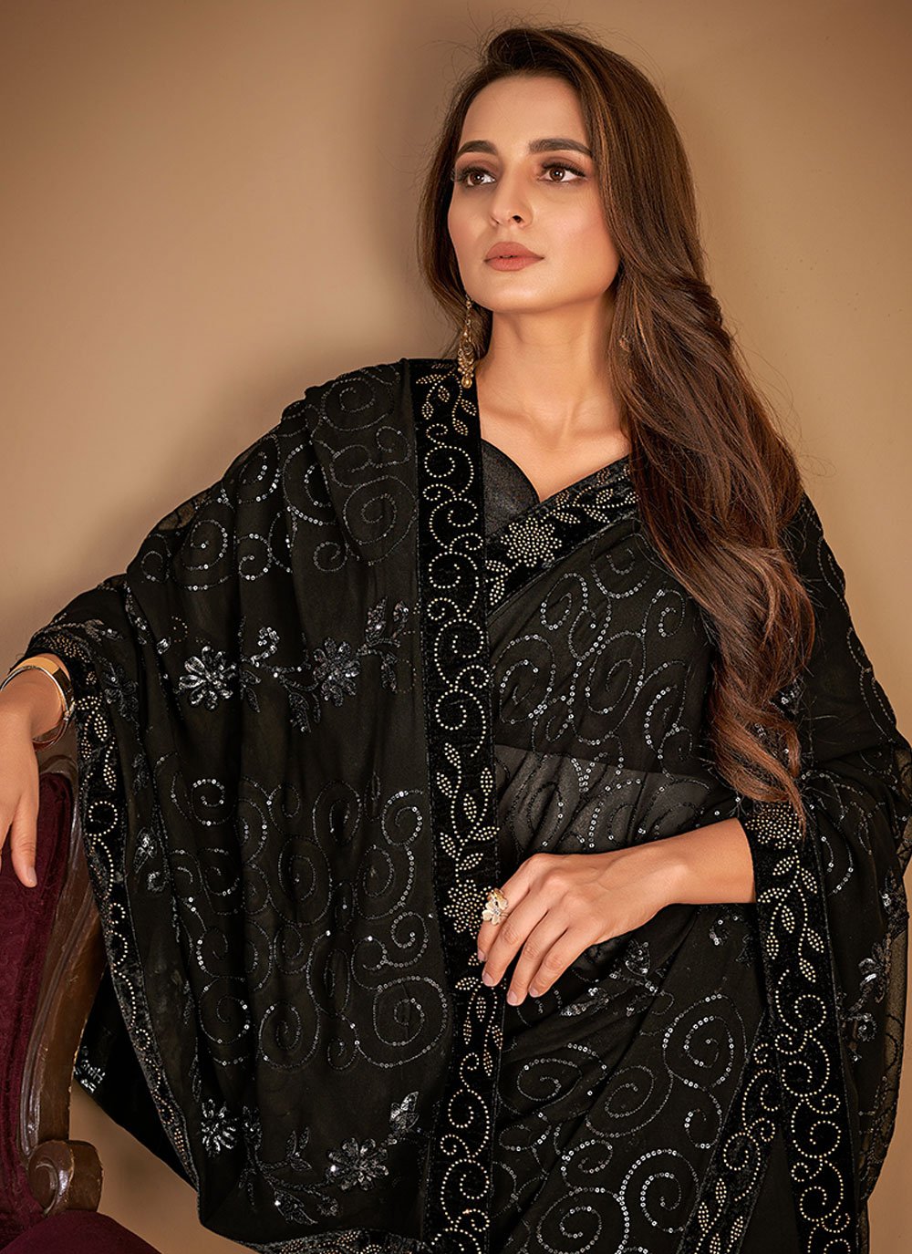 Contemporary Bembarg Georgette Black Patch Border Saree