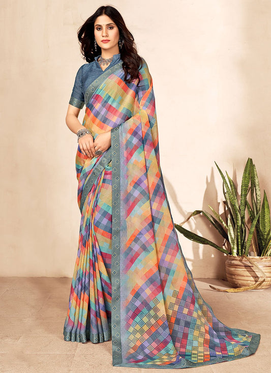 Contemporary Chiffon Blue Patch Border Saree