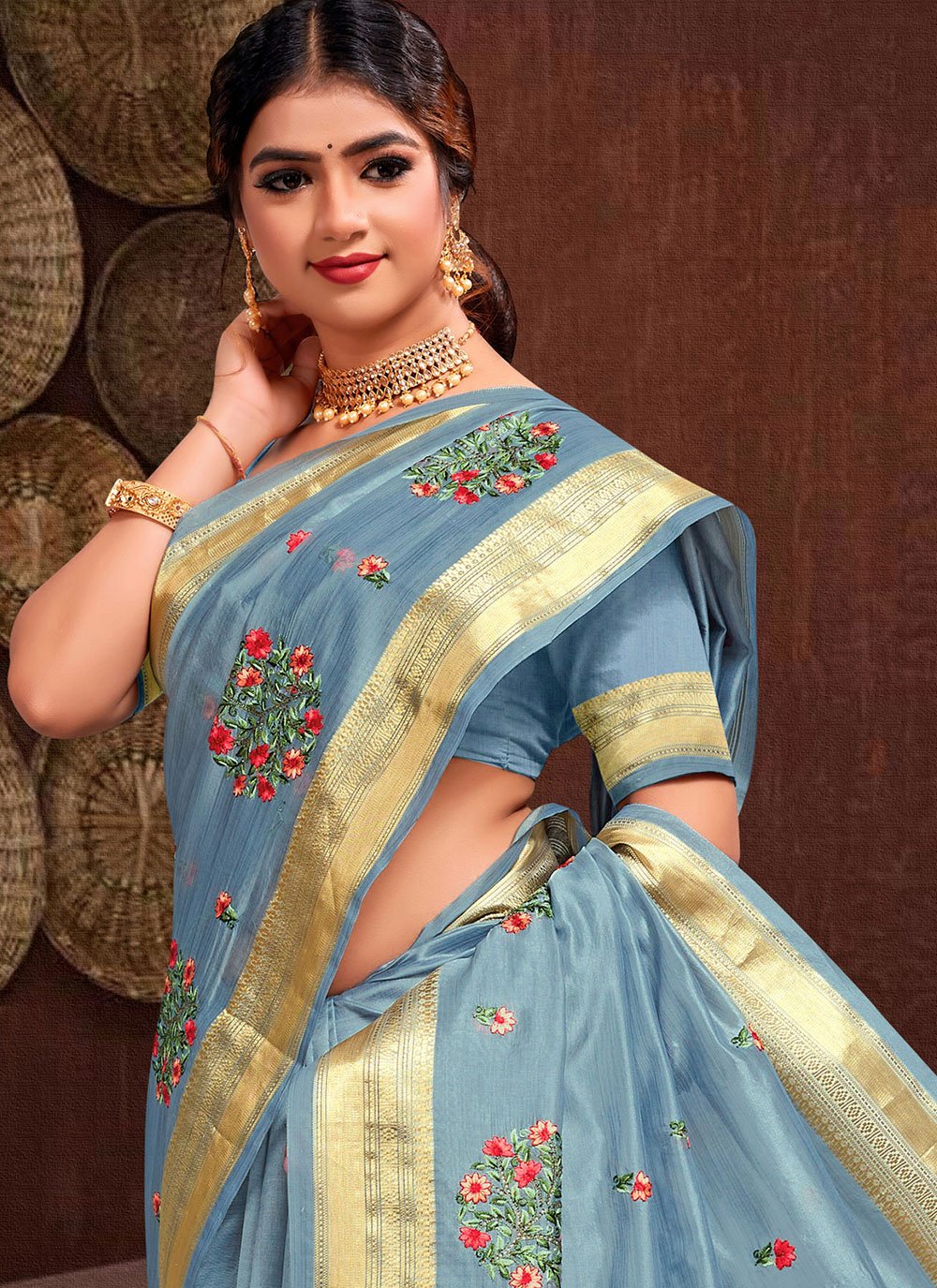 Classic Silk Tissue Blue Embroidered Saree