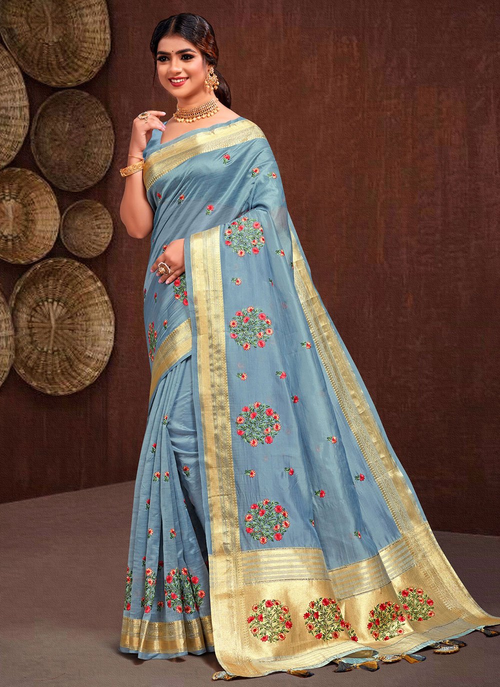 Classic Silk Tissue Blue Embroidered Saree