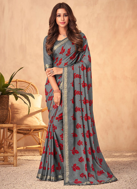 Contemporary Georgette Grey Patch Border Saree