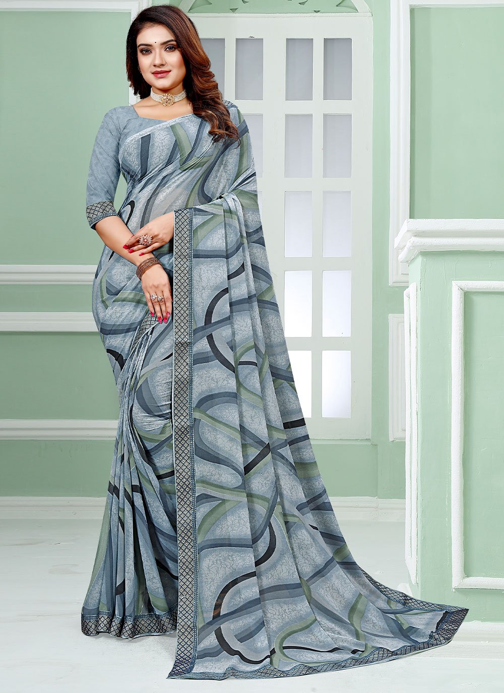 Contemporary Faux Georgette Grey Patch Border Saree