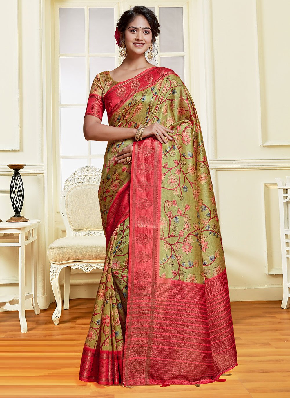 Classic Banarasi Silk Tussar Silk Green Pink Digital Print Saree