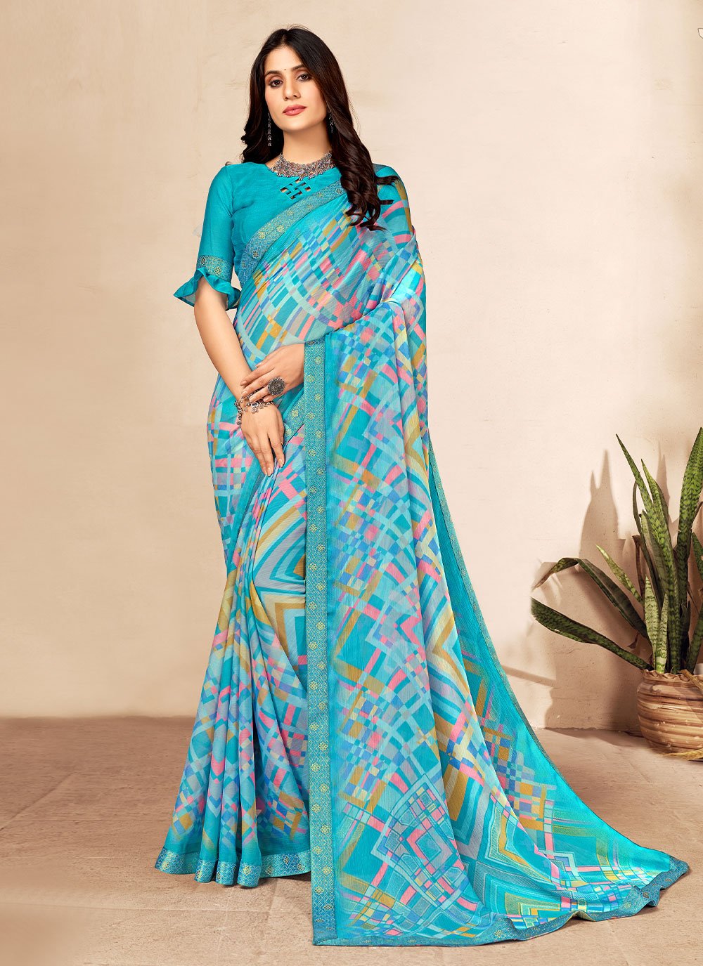 Contemporary Chiffon Aqua Blue Patch Border Saree