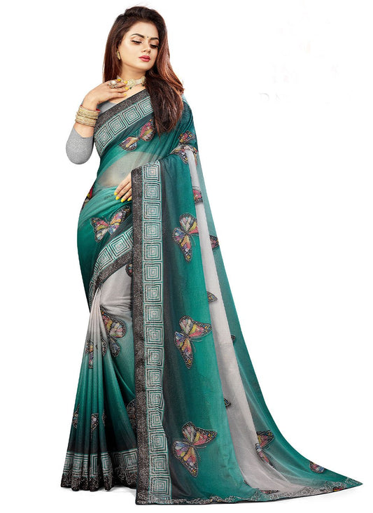 Trendy Saree Lycra Grey Teal Fancy Work Saree