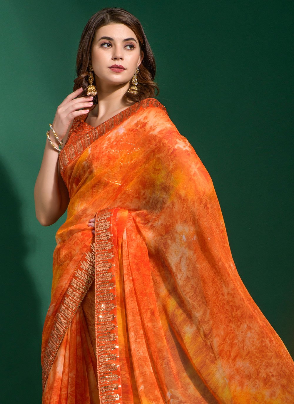 Contemporary Chiffon Orange Patch Border Saree