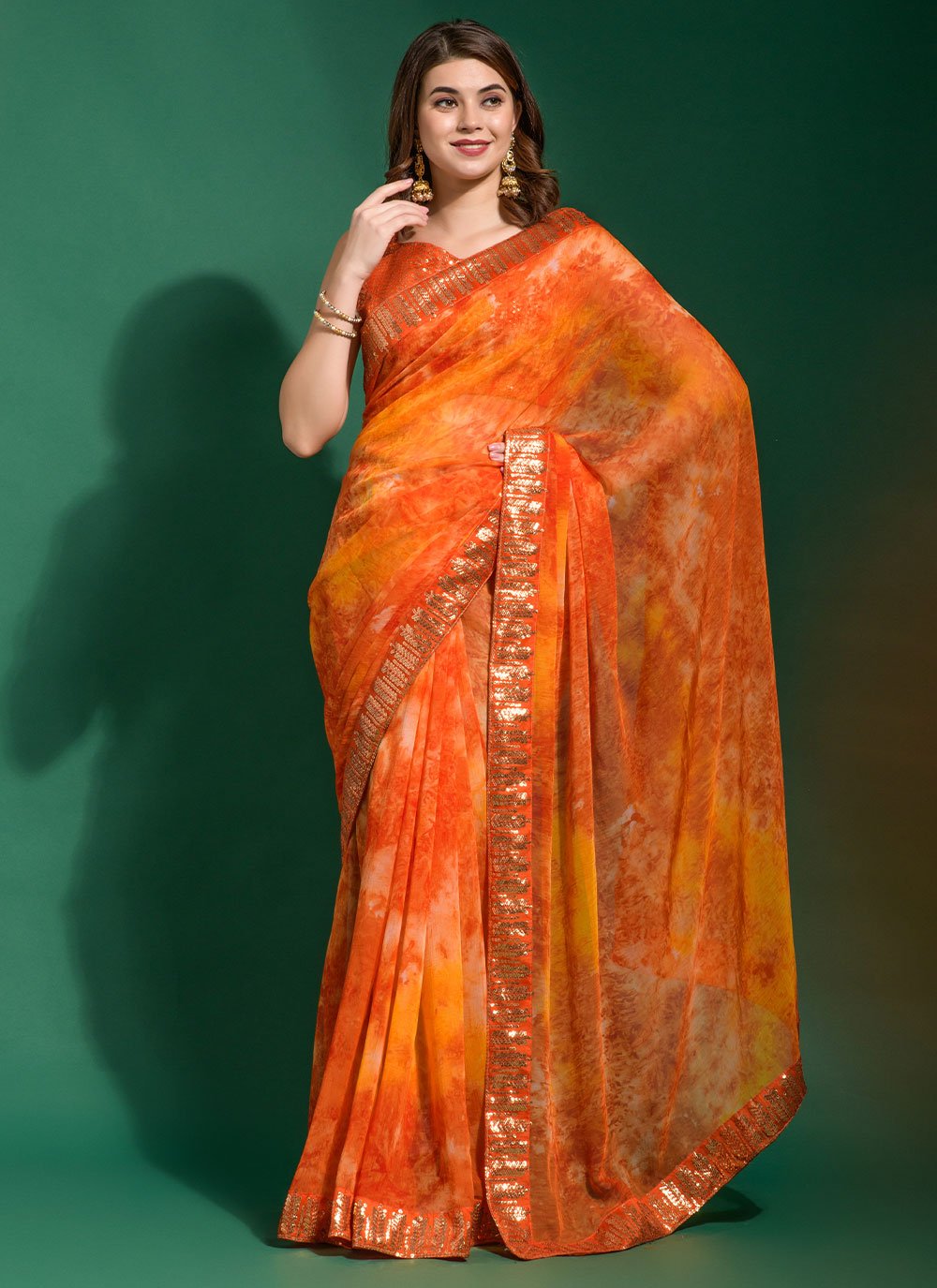 Contemporary Chiffon Orange Patch Border Saree