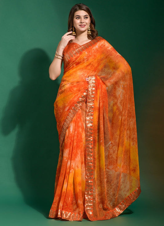 Contemporary Chiffon Orange Patch Border Saree