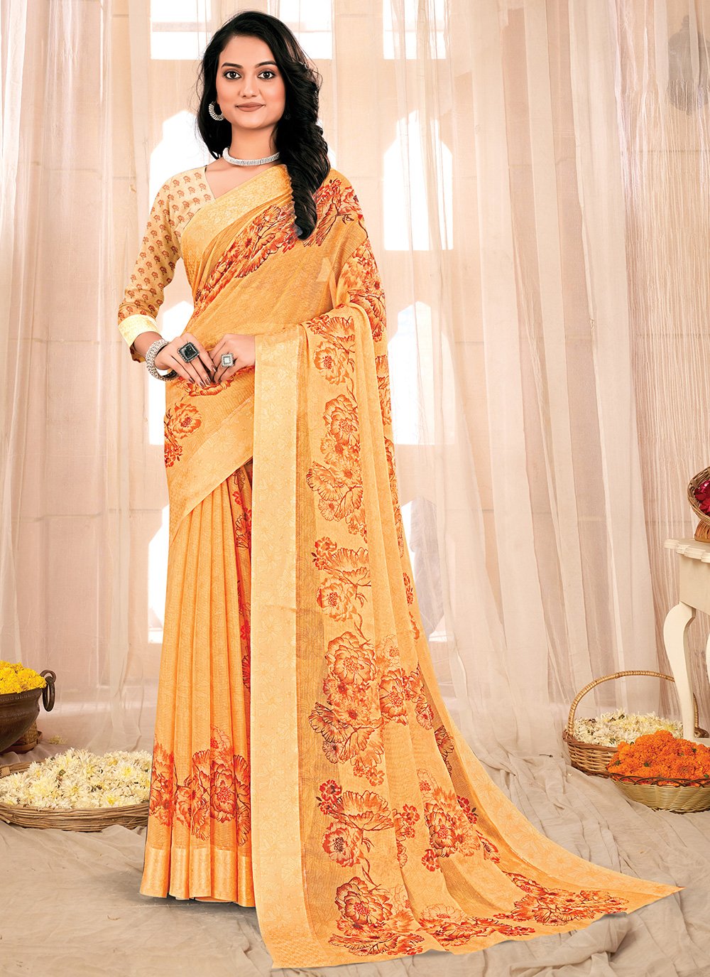 Classic Chiffon Mustard Fancy Work Saree