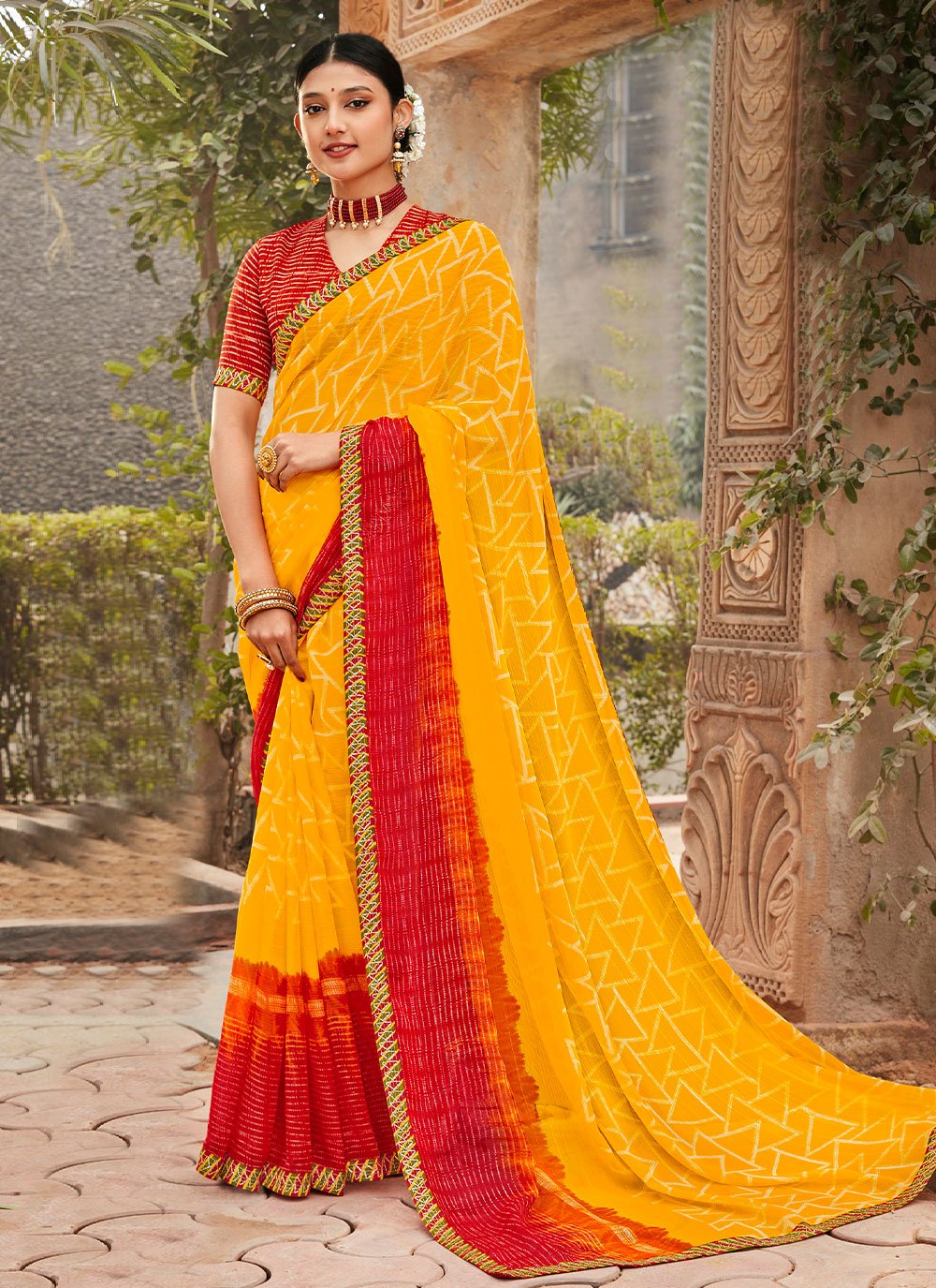 Trendy Saree Chiffon Red Yellow Fancy Work Saree