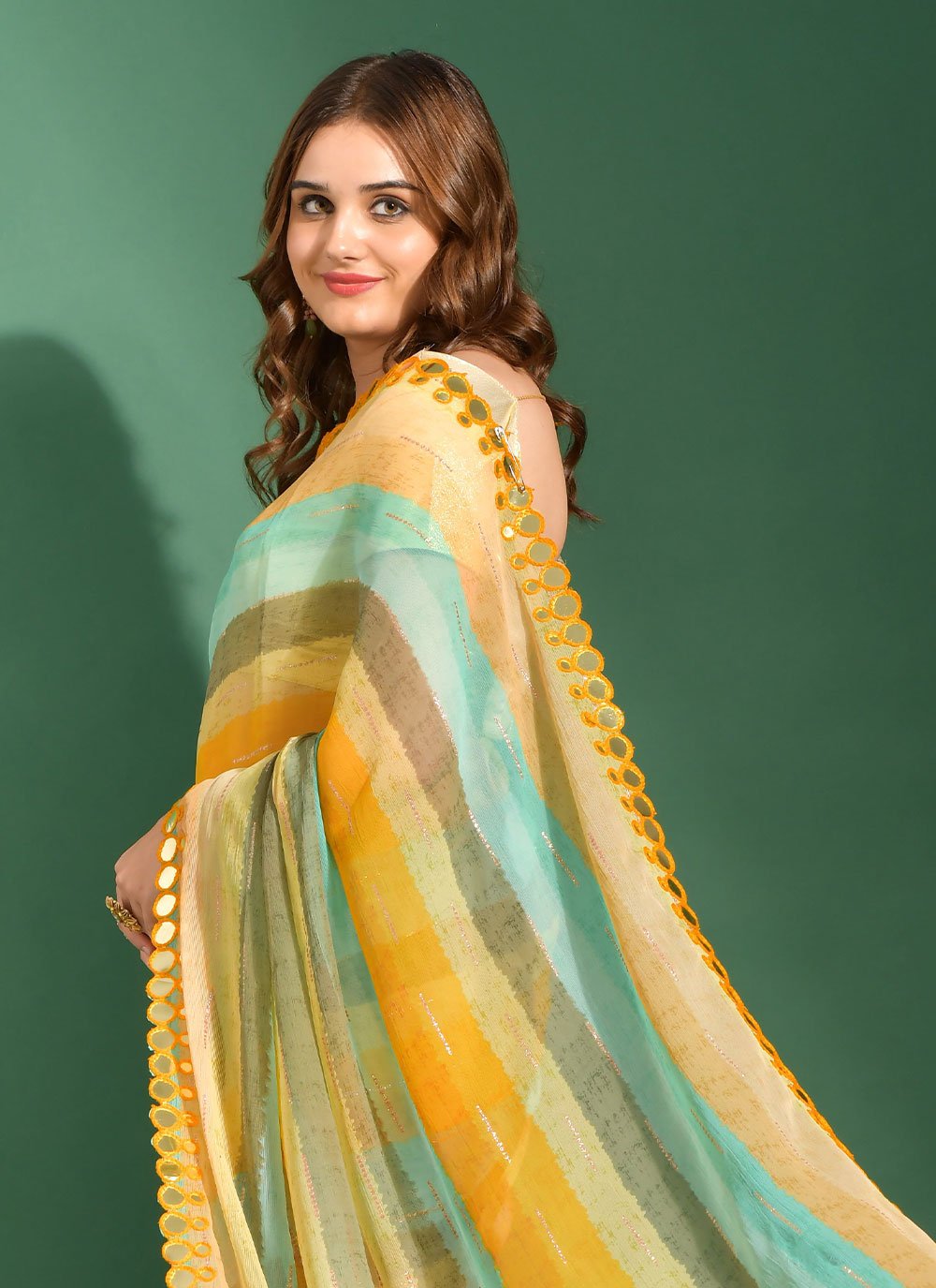 Designer Chiffon Yellow Embroidered Saree