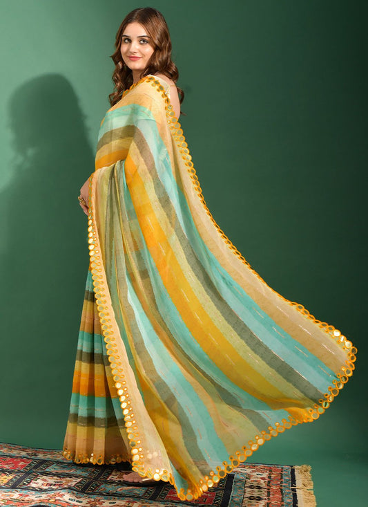 Designer Chiffon Yellow Embroidered Saree