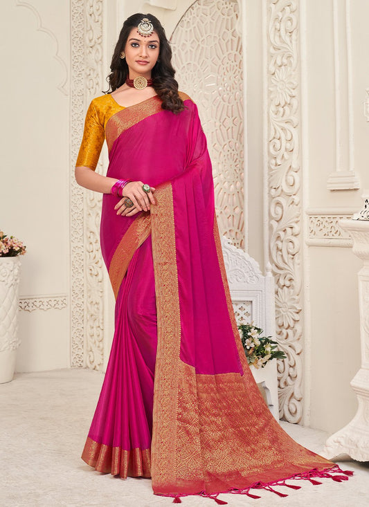 Trendy Saree Chinon Silk Fuchsia Patch Border Saree