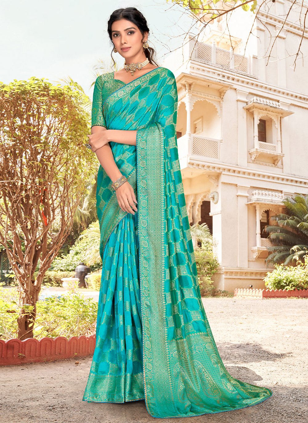 Classic Silk Firozi Patch Border Saree