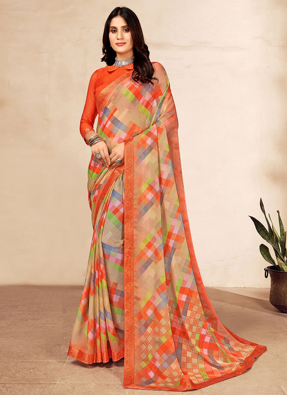 Classic Chiffon Orange Patch Border Saree