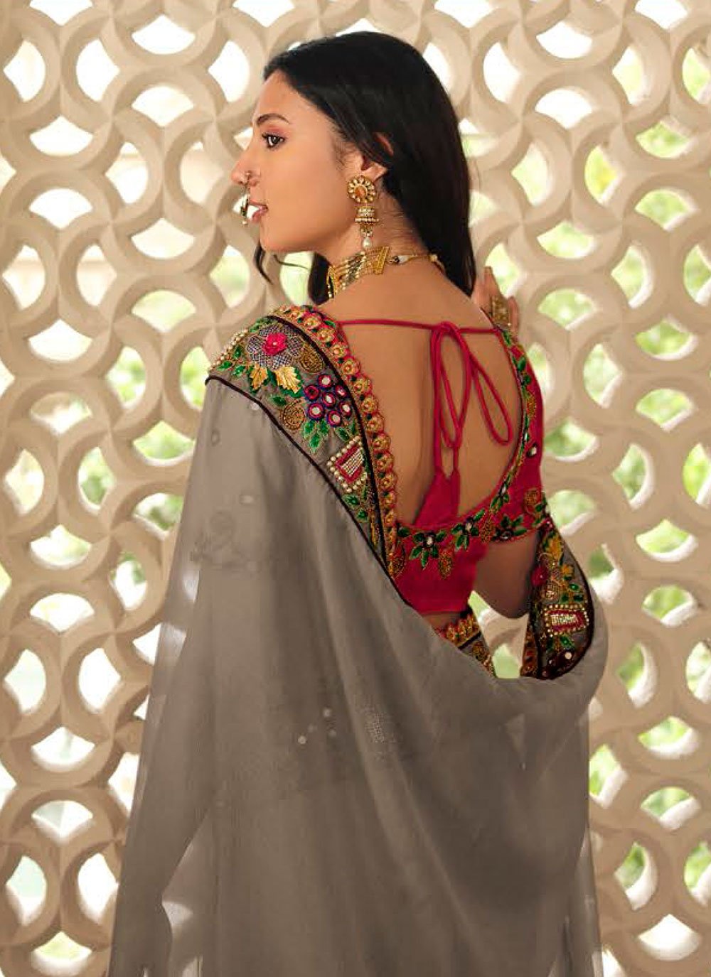 Classic Organza Grey Embroidered Saree