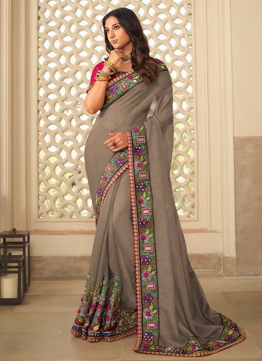 Classic Organza Grey Embroidered Saree