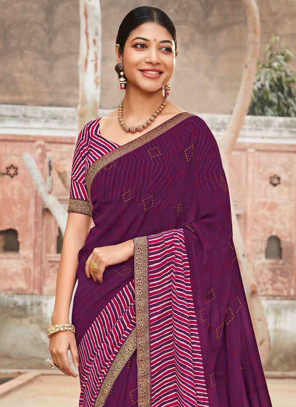 Classic Georgette Purple Fancy Work Saree