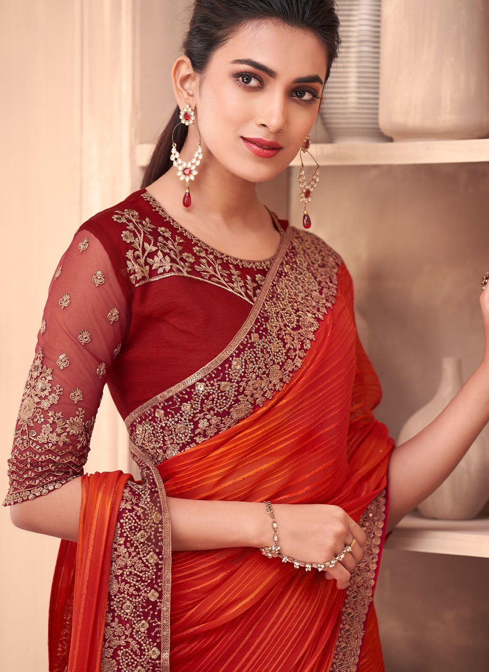 Classic Silk Orange Embroidered Saree