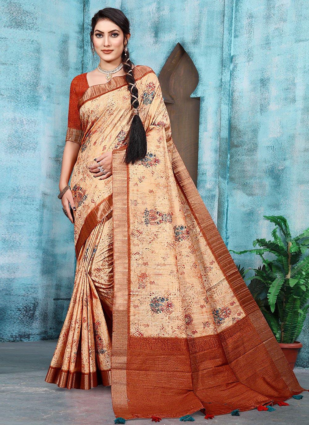 Classic Banarasi Silk Rust Digital Print Saree