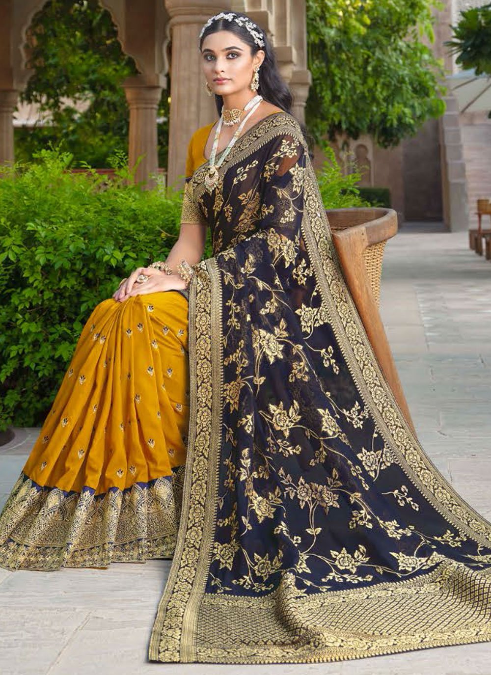 Classic Silk Blue Mustard Embroidered Saree