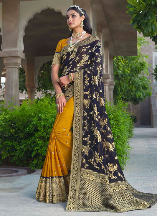 Classic Silk Blue Mustard Embroidered Saree