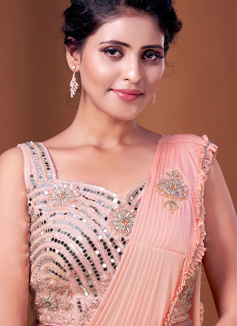 Contemporary Imported Peach Patch Border Saree