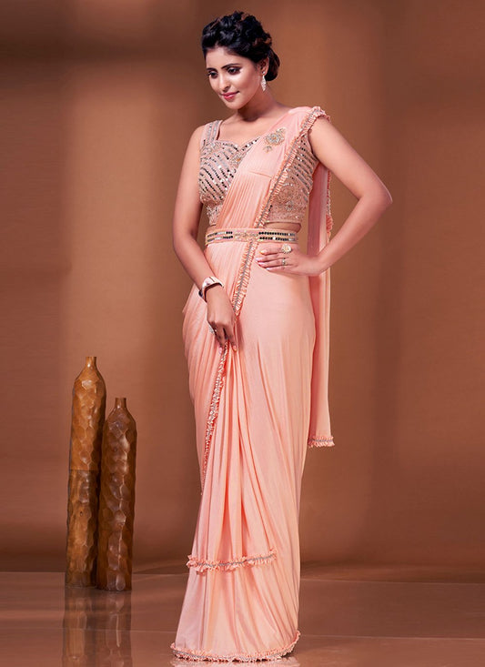 Contemporary Imported Peach Patch Border Saree