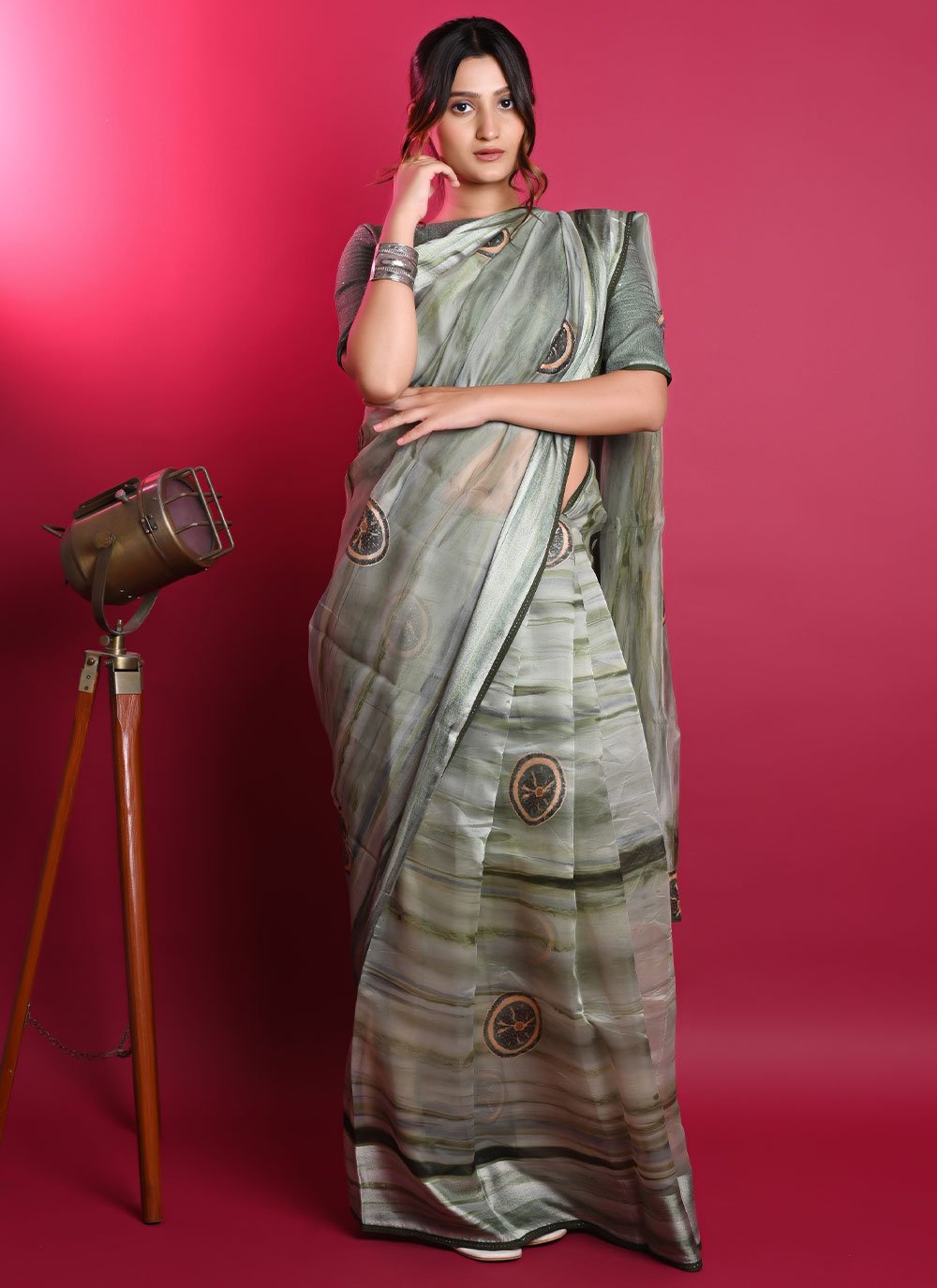 Contemporary Organza Sea Green Patch Border Saree