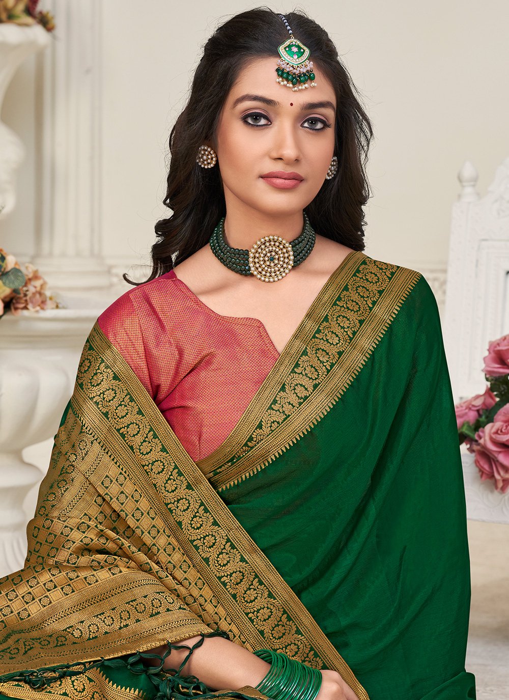 Contemporary Chinon Silk Green Patch Border Saree