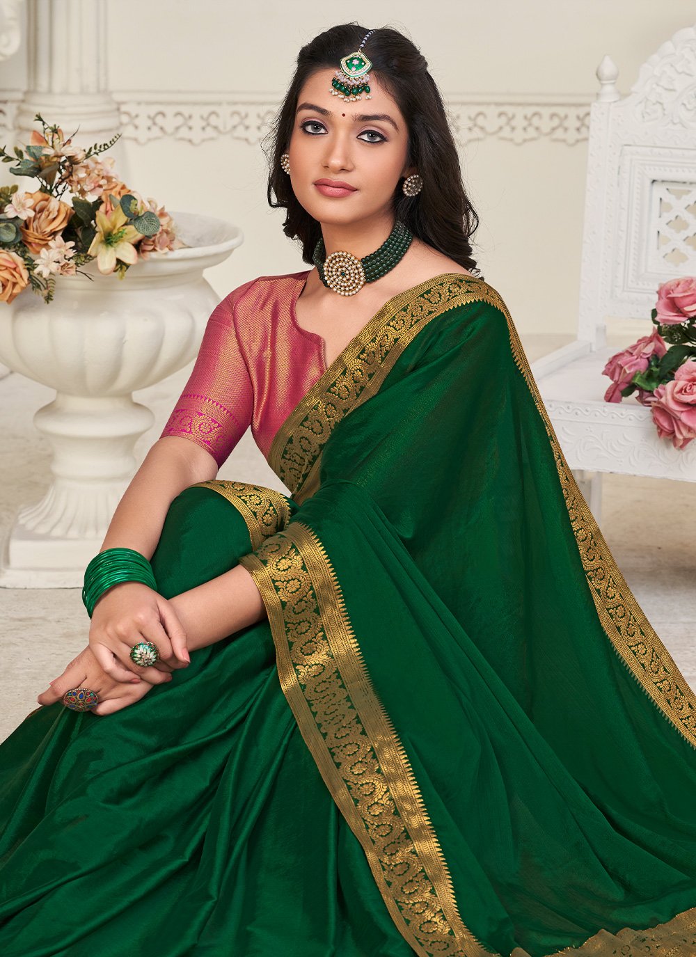 Contemporary Chinon Silk Green Patch Border Saree