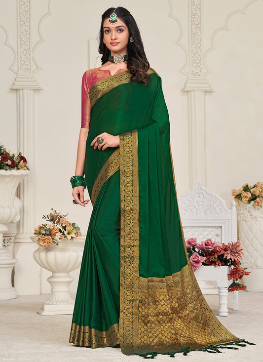 Contemporary Chinon Silk Green Patch Border Saree